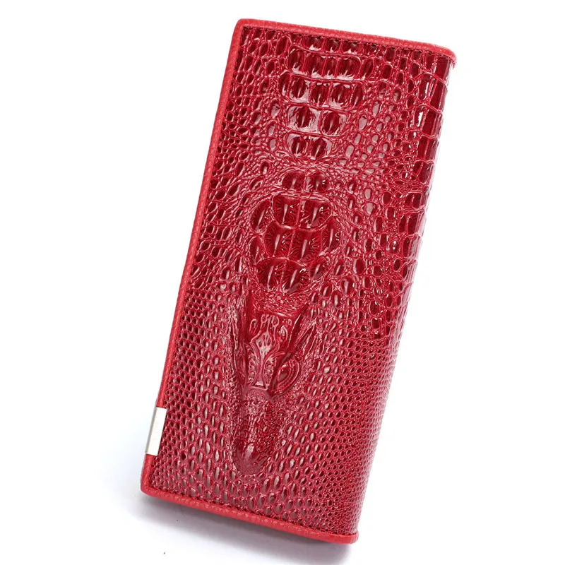  New 3D Crocodile Grain Women Long Wallets Genuine Leather Embossed Design Draw-out Type Female Wallet Clutch Purses Carteira 