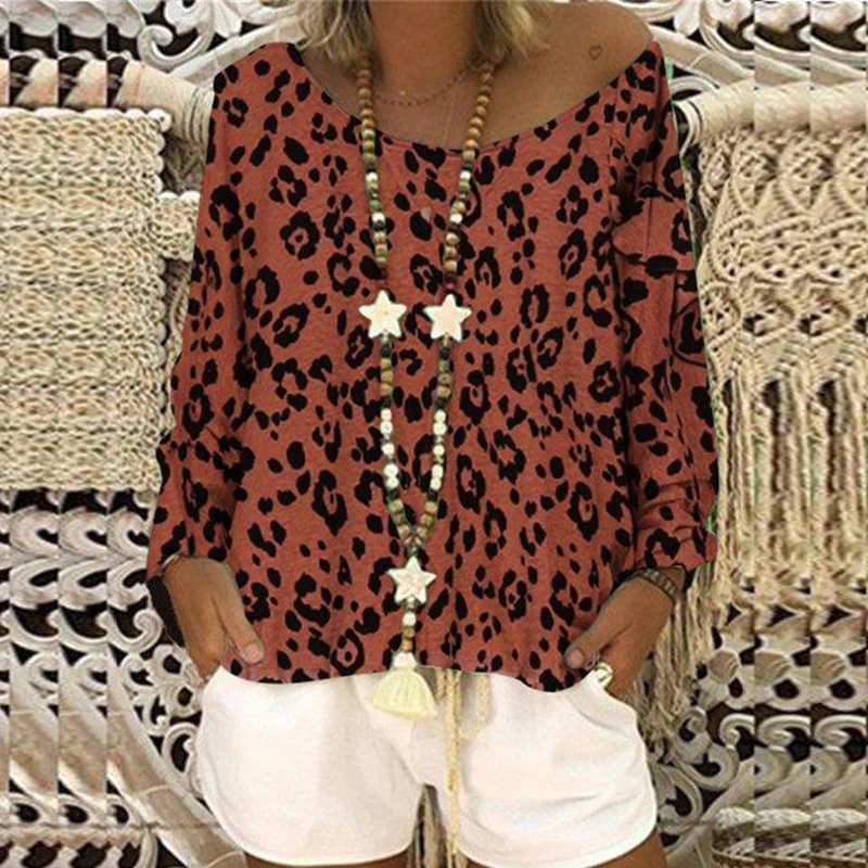 

Women Tops Ladies Casual Loose Round Neck Leopard Print Long Sleeve Tops