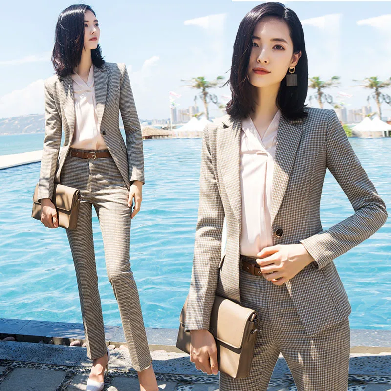 

New Spring autumn Women Plaid Pant Suits Professional Pantsuits With Jackets + Pants Office ladies Business Female Trousers Sets