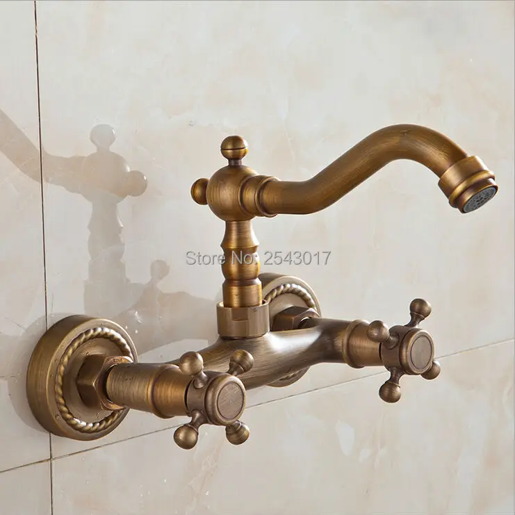 Kitchen Mixer Faucet Wall Mounted Dual Handle Antique Copper Finish