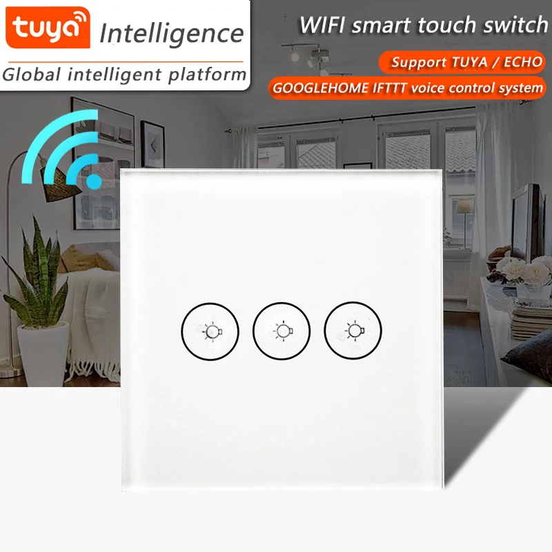 EU/UKWIFI Smart APP Wireless Remote Light Wall Switch 3 gang 1way Crystal Glass Panel Works With Tu ya /Alexa/Google Home | Обустройство