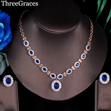 ThreeGraces элегантный американский женский Королевский синий кубический цирконий Кристалл Свадебные украшения ожерелье серьги набор для свадьбы JS186