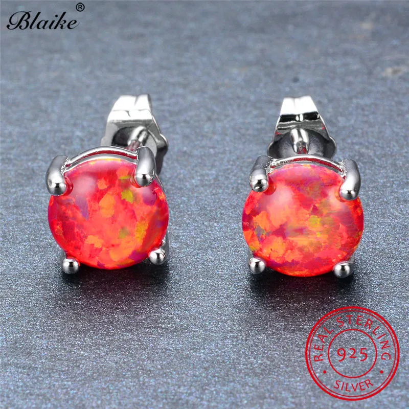 

Solid s925 Sterling Silver Earrings Red Orange Fire Opal Earrings For Women Rainbow Round Stone Stud Earrings Wedding Jewelry
