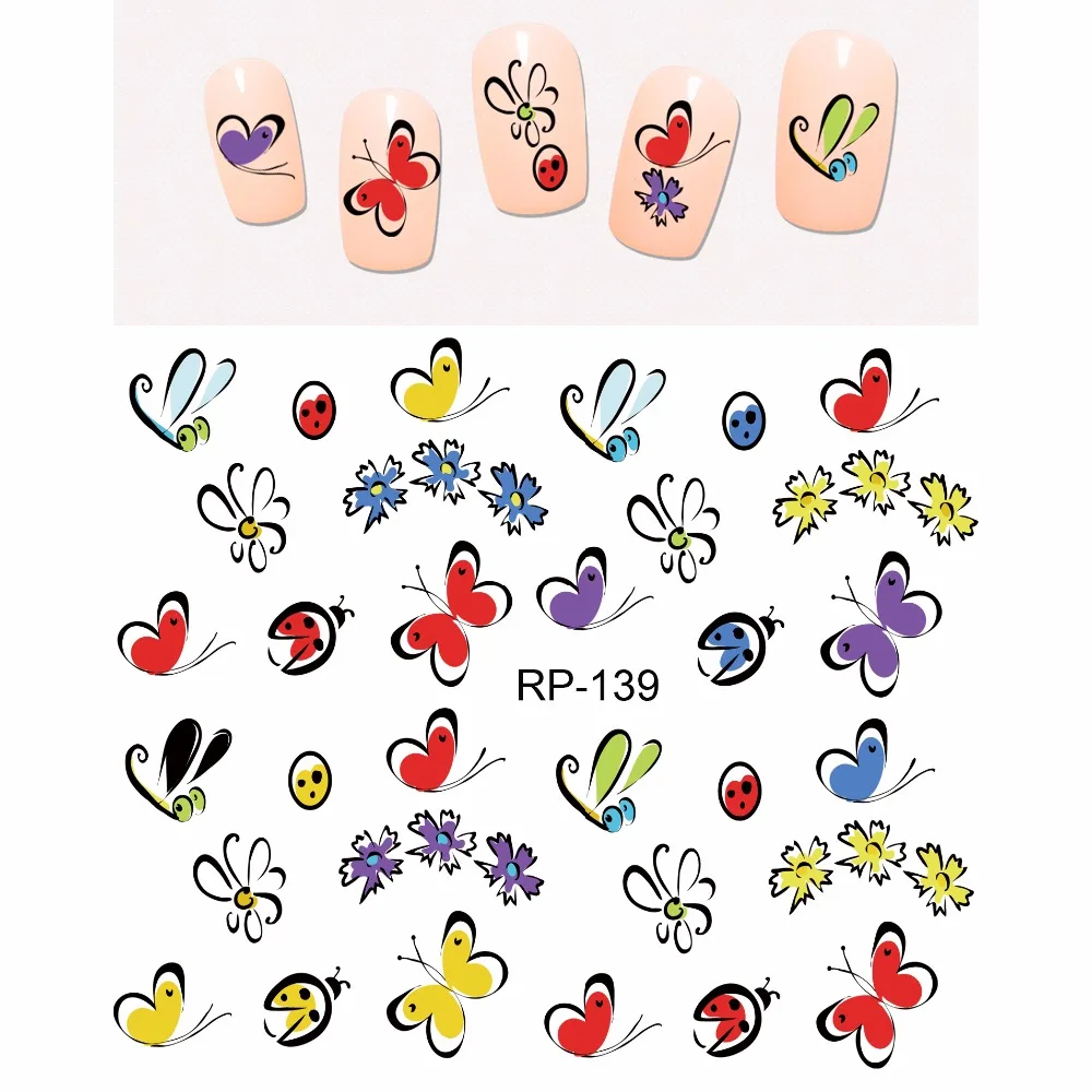 UPRETTEGO дизайн ногтей Красота наклейка на ногти водная наклейка слайдер мультфильм Милая Бабочка Насекомое RP139-144