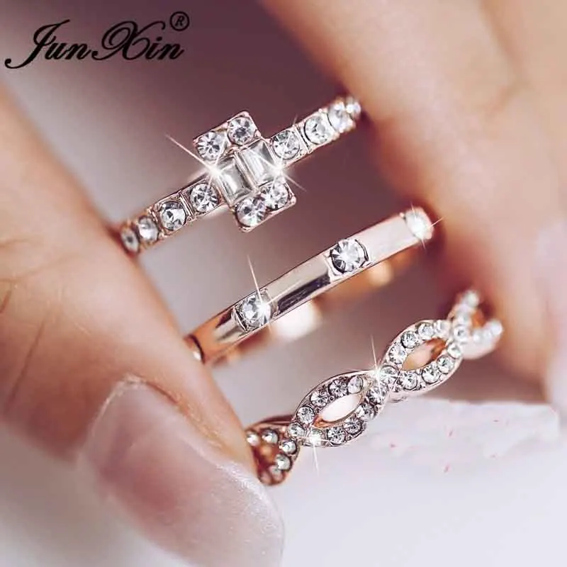 JUNXIN дешевые тройное кольцо наборы для женщин однотонный цвет розовое золото Белый Хрустальный циркониевый Крест Бесконечность Кольцо женское стекируемое свадебное кольцо