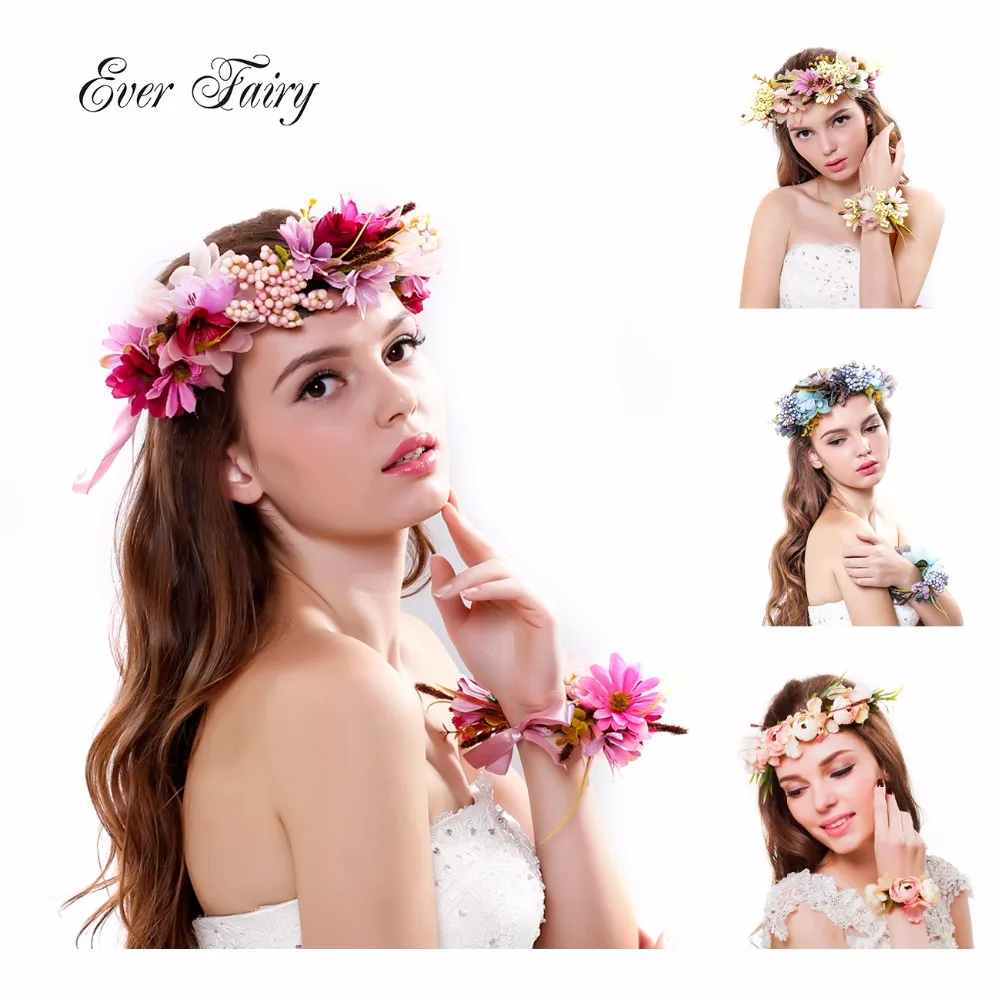 

EVER FAIRY Women Wedding Rose Flower Headband Wreath Flower Crown Bracelet Ribbon Adjustable Handmade Bride Hairband Accessories