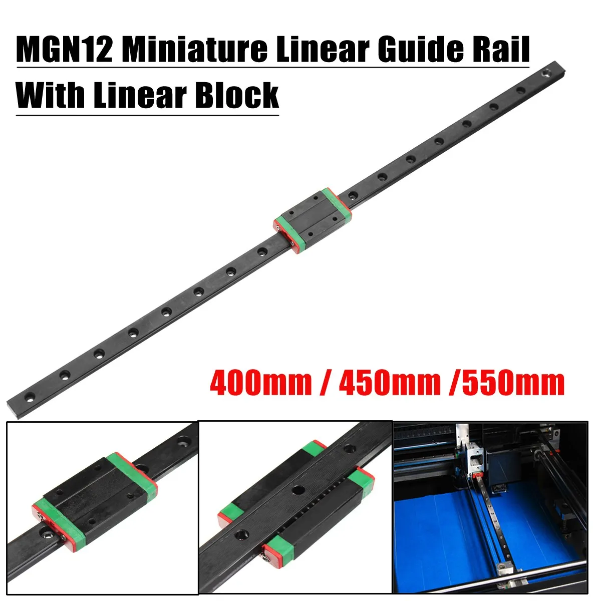 

3D Printer Axis Parts Linear Rail Guide Slide MGN12 450mm/500mm/550mm + Mini MGN12H Linear Block Black