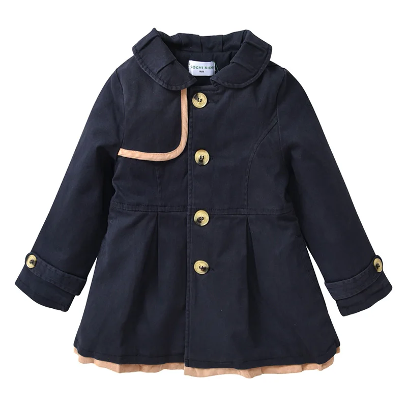 Toddler Girls Trench Coats Dark Blue Navy Cotton Long Jacket Kids Warm