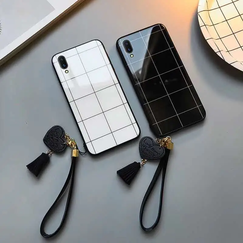 

Luxury Tempered Glass Case For iPhone XS Max XR X Square pattern Back Cover For iphone 6 6S 7 8 Plus Shell With Tassel lanyard