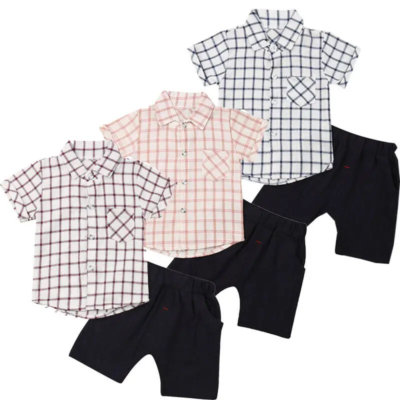 

6M-4Y Kids Baby Boy Short Sleeve Plaid Shirt Tops Shorts Pant Bottom 2PCS Outfits Summer Clothing Set
