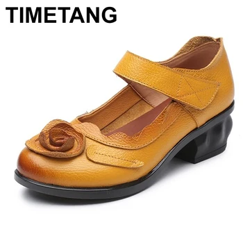

TIMETANG 2018 Retro Style Handmade Leather Shoes Women Thick With Heels Flowers Pumps Round Toe High Heels