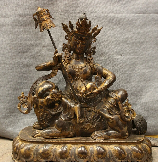 

005277 20" Tibet Bronze Gilt Temple The King of Wealth Jambhala Buddha Statue Ride Lion
