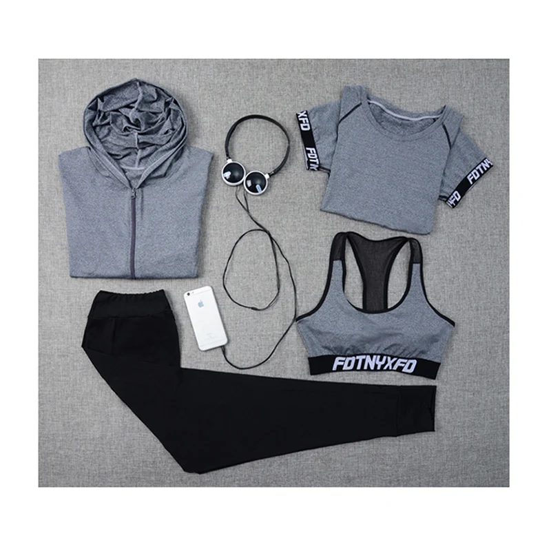 

2018 Women Yoga Set 4 Pcs Fitness Plus Size Jogging Sport Suit Breathable Exercise Jackets T-Shirt Pants Sports Bras Gym Clothes