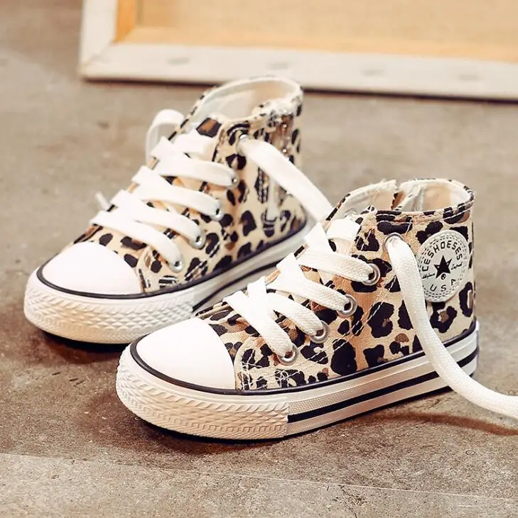 Online Zapatos casuales para niños con estampado de leopardo, zapatos de lona clásicos Unisex para niñas, zapatillas con cordones para estudiantes, zapatos para niños pequeños