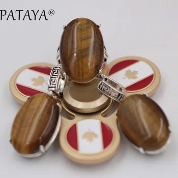 

PATAYA New Unique Ancient Wipe Black Back Hollow Fashion Jewelry Set Fine Natural Tiger Stone Big Earrings Ring Set Wedding Sets