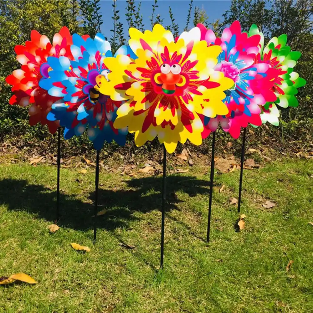 QINREN Wood Sunflower Windmill Wind Spinner Pinwheels Home Garden Yard Decoration Kids,Blue,Plastic