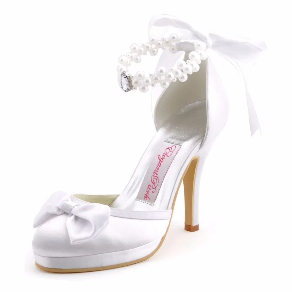 

Shoes Woman EP11074-PF Ivory White High Heel Platform Pumps Pearls Ankle Strap Satin Bridal Party Evening Wedding Shoes