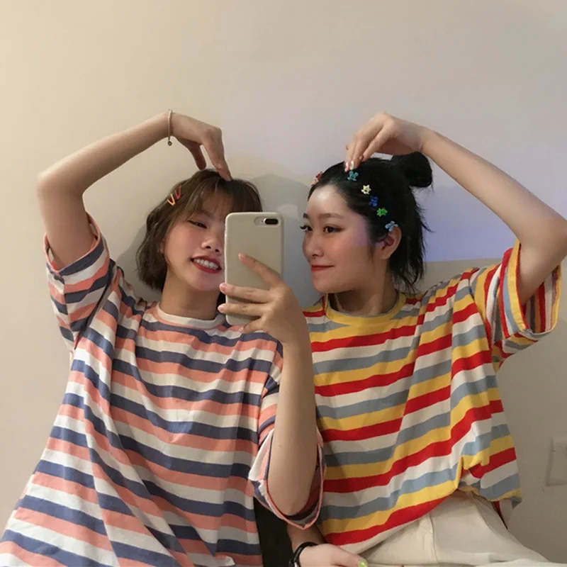 Новая футболка, женские топы в радужную полоску, летняя свободная футболка с коротким рукавом в Корейском стиле панк, camiseta feminina Harajuku, футболка