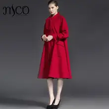2016 High Quality A Line Swing Women Coats European Fashion Winter Warm 50% Wool Blend Midi Coat Elegant Scraf Neck Long Jacket