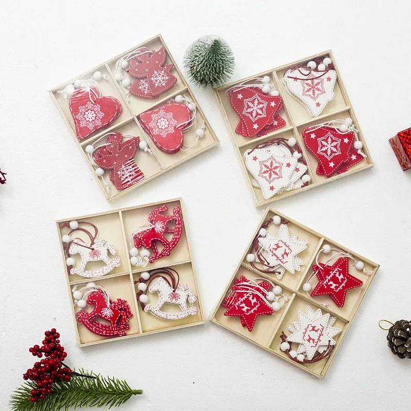 

12pcs/box New Year Natural Wood Christmas Tree Ornament Wooden Hanging Pendants Gifts Snow Elk Christmas Decor 2019 navidad