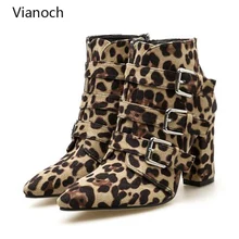 Chelsea Boots Leopard Studded Ankle Boots Women Buckled Heeled Shoes Poitned Toe Heeled Heels Platform Pumps Woman wo1808120 chain design block heeled ankle boots