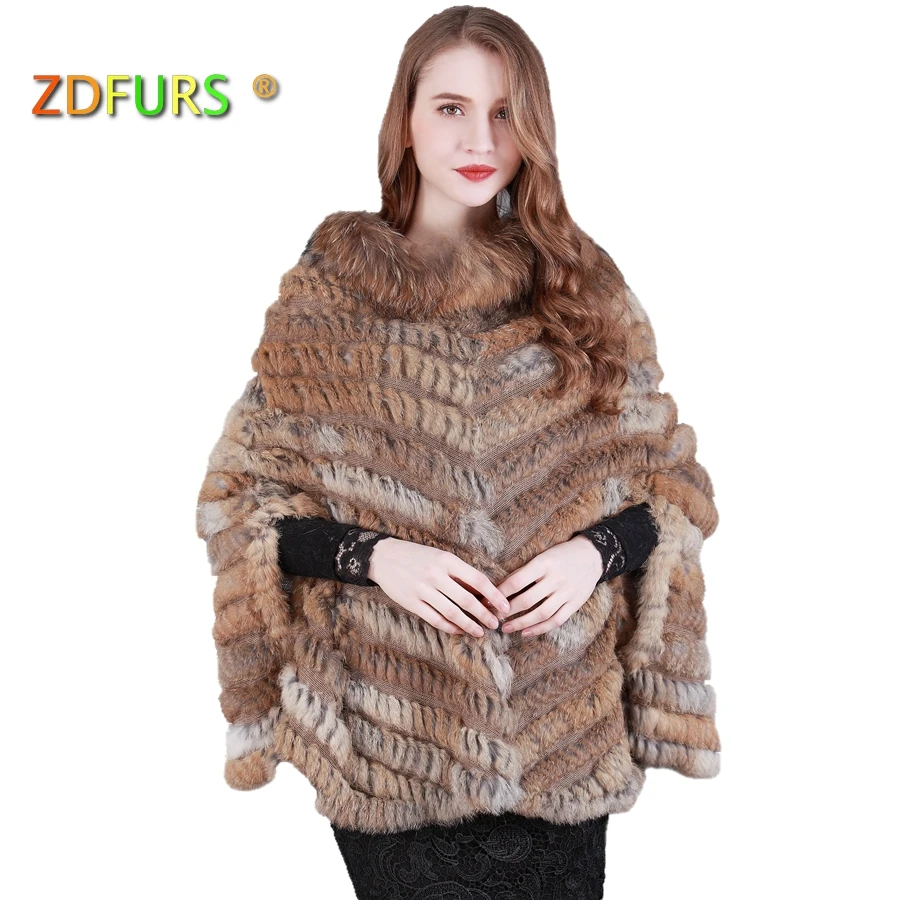 

ZDFURS * new fashion real knited rabbit fur Shawl poncho stole shrug cape robe tippet amice wrap raccoon fur collar