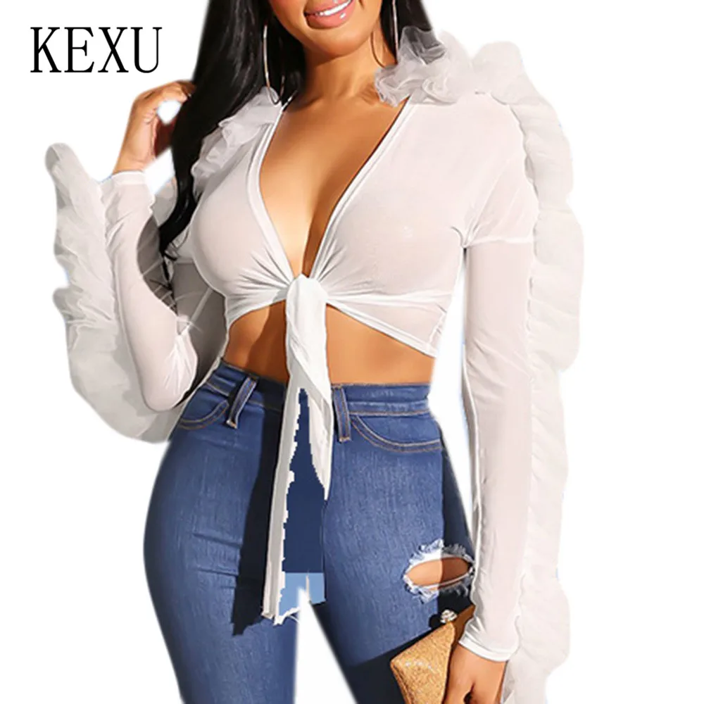 

KEXU Fashion Sexy Sheer Mesh Long Sleeve Wooden Ear Chest Strap Top Sexy V-neck Hollow Out Transparent Ruffles T-shirt Women