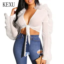 KEXU Fashion Sexy Sheer Mesh Long Sleeve Wooden Ear Chest Strap Top Sexy V-neck Hollow Out Transparent Ruffles T-shirt Women KEXU Fashion Sexy Sheer Mesh Long Sleeve Wooden Ear Chest Strap Top Sexy V-neck Hollow Out Transparent Ruffles T-shirt Women