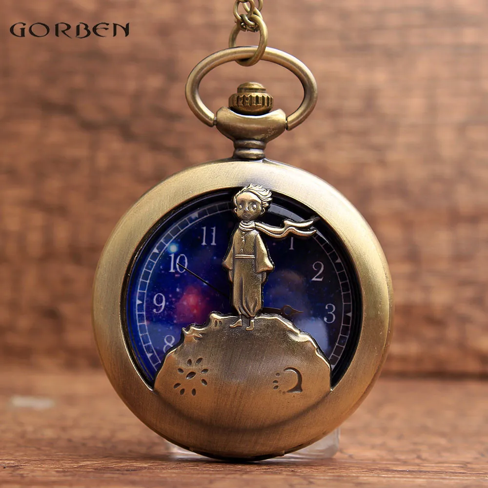 

Vintage Howllow Le Petit Prince Designers Pocket Watch FOB Chain Blue Starry Sky Dial Quartz Pocket Watches Christmas Gifts P98