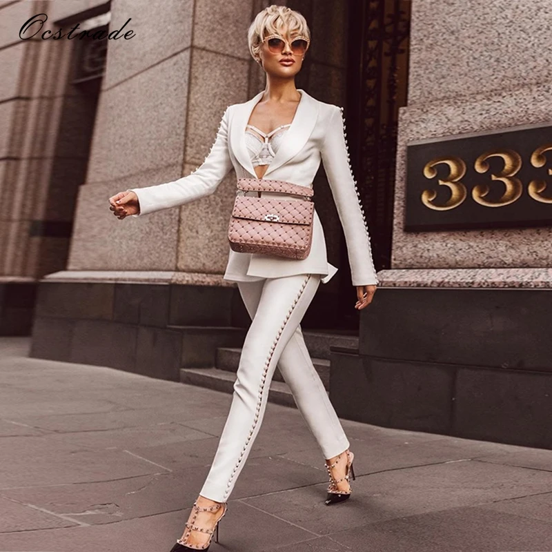 Ocstrade Sexy Pant Suits 2018 Elegant Formal White Sets Women's Suit Pants and Jacket Runway Fashion Ladies Pantsuit Costumes