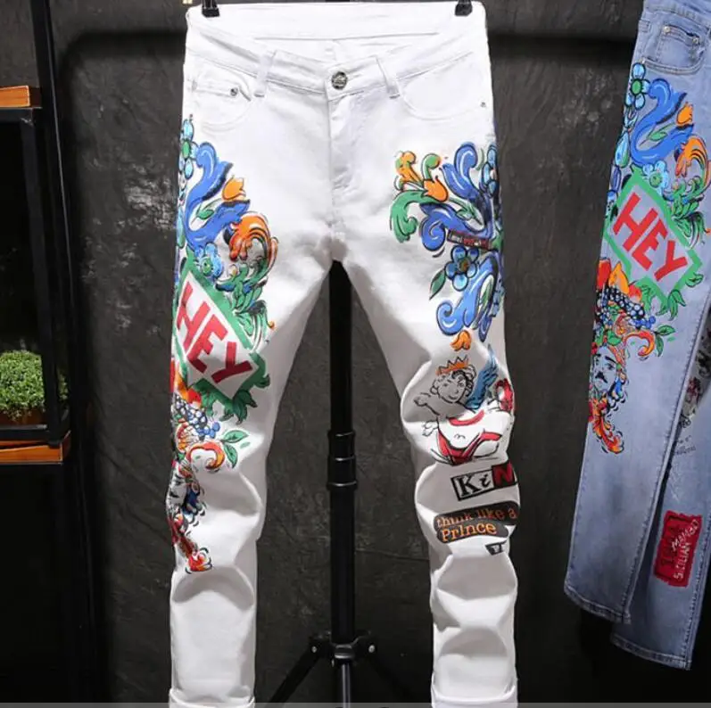 Бренд JiSuTong, новинка, модные мужские джинсы с ручной печатью, хлопок, джинсовые штаны, белые, высокое качество, мужские брюки# A006