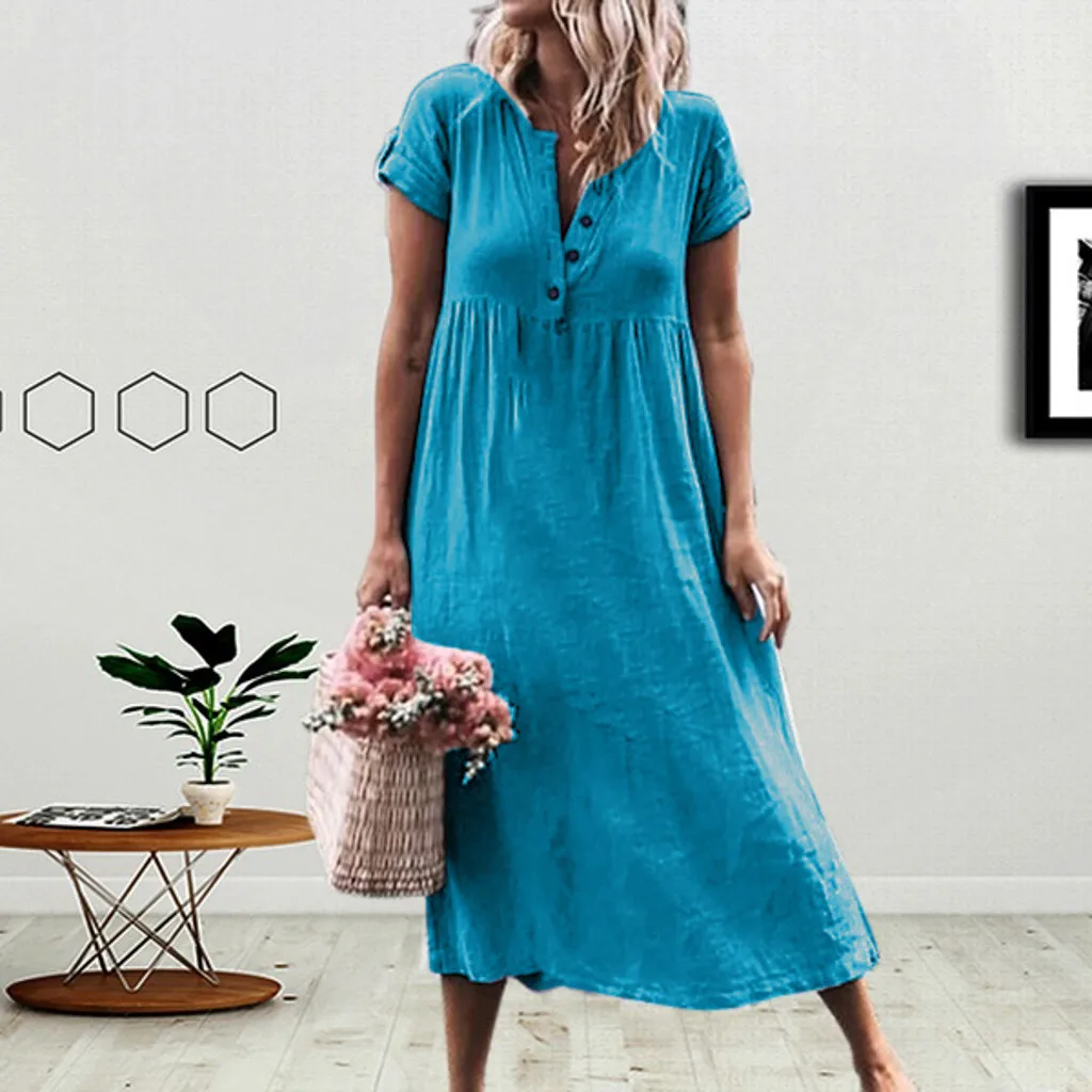 

2019 Women Dress Summer Boho Solid Short Sleeve Linen Long Dress Loose Sundress Splice Button Maxi Dress Vestidos Plus Size