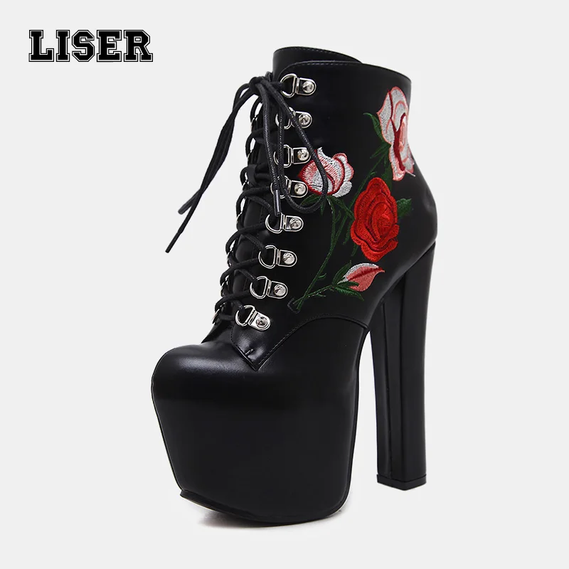 

women flower embroidery ankle boots Gothic black super high platform street punk style western booties club party ladies shoes