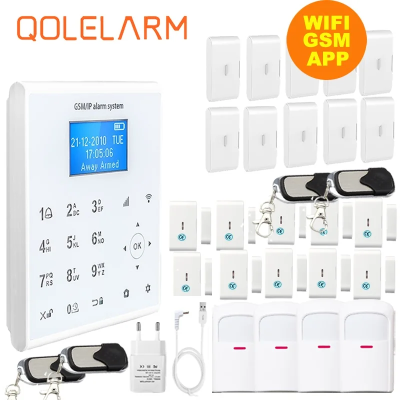 

Qolelarm WIFI GSM SMS APP Home Security Alarm kit with vibration sensor+magnetic door sensor