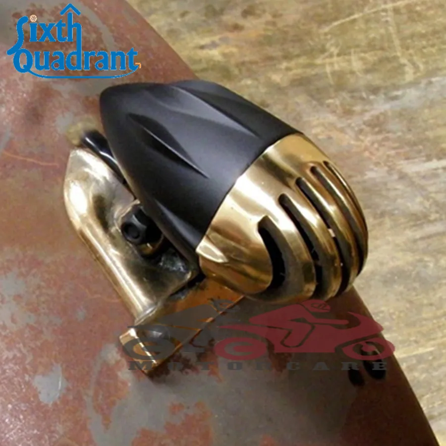

Retro Black Motorcycle License Plate Mount Bullet with Golden Grille Finned Tail Brake Light Chopper Bobber