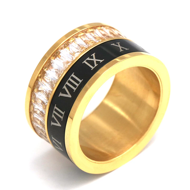 

Luxury Brand Jewelry Crystal And Romal Numberal Rings For Women Stainless Steel Gold Color Wedding Rings