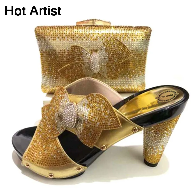 

Latest Italian Gold Color Rhinestone Shoes And Bags Set Italian Style Shoes With Matching Bags Set For Party Dress TX-222