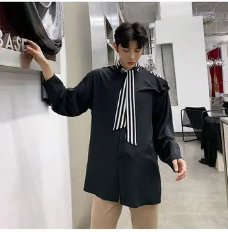 

Spring New Men Stripe Splice Casual Long Sleeve Shirt Japan Harajuku Streetwear Black White Shirt Male Tie Collar Dress Shirts