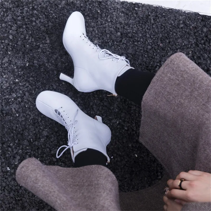 Silla liners/женские ботильоны из натуральной кожи на шнуровке; женские Ботинки martin с квадратным носком и круглым каблуком; botas largas mujer; женская обувь - Цвет: white