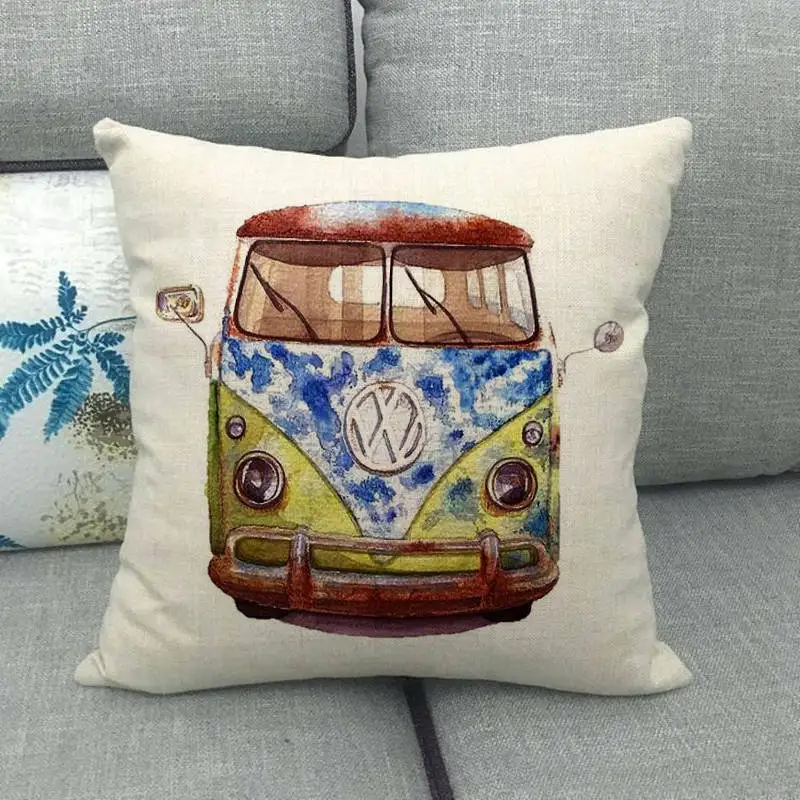 45cm*45cm watercolor retro bus and car linen/cotton throw pillow covers couch cushion cover home decor pillow - Цвет: 12
