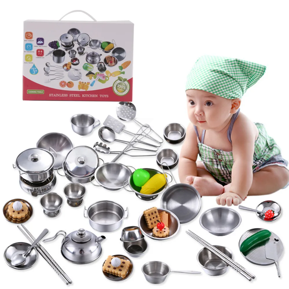 

Kitchen Toys Stainless Steel Cooking Pots Pans Food Kids Babies Gifts Mini Pretend Tools Set Simulation Play House educational