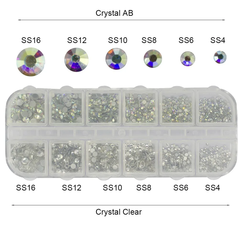 1 чехол с кристаллами AB/прозрачные стразы для нейл-арта, Смешанные 12 отделов, сделай сам, плоский с оборота стеклянный камень для блестящих украшений, Типсы TR388
