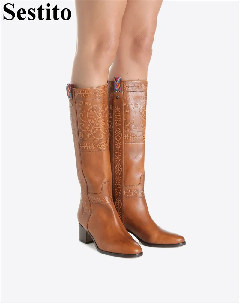 

Retro Brown Pattern Black Rivet Woman Boots Round Toe Knee-High Boots Women Slip-on Square Heel Long Boots Casual Women Shoes