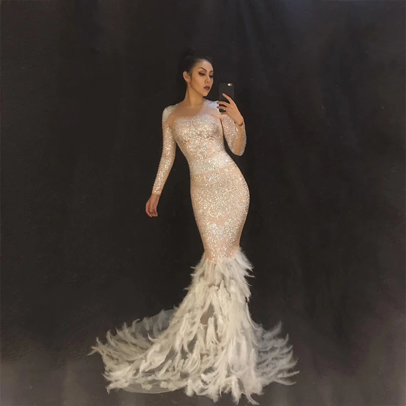 

Female White Feathers Long Dress Sparkly Pearls Rhinestones Trailing Dresses Prom Party Costume Singer Star Performance Wear DJ
