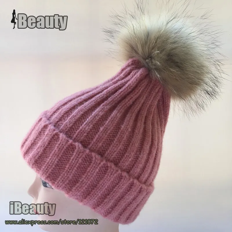 Детская зимняя шапка шар-помпон из натурального меха енота детские вязаные шапочки для детей теплая шерстяная Круглая Шапочка шапка для мальчиков и девочек