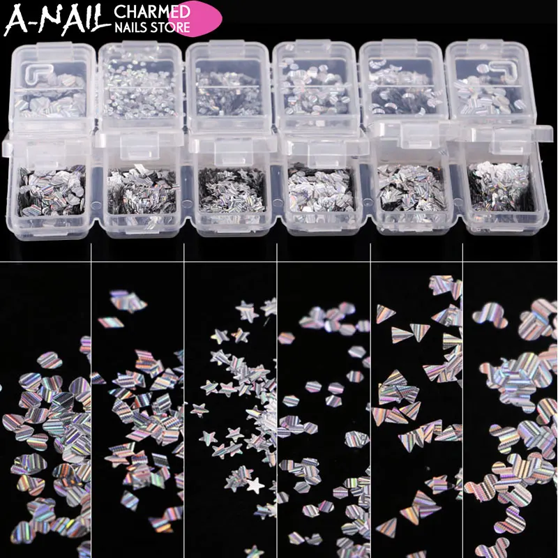 12 Grids/set Holographic Silver Nail Sequins Glitter Paillette Tips