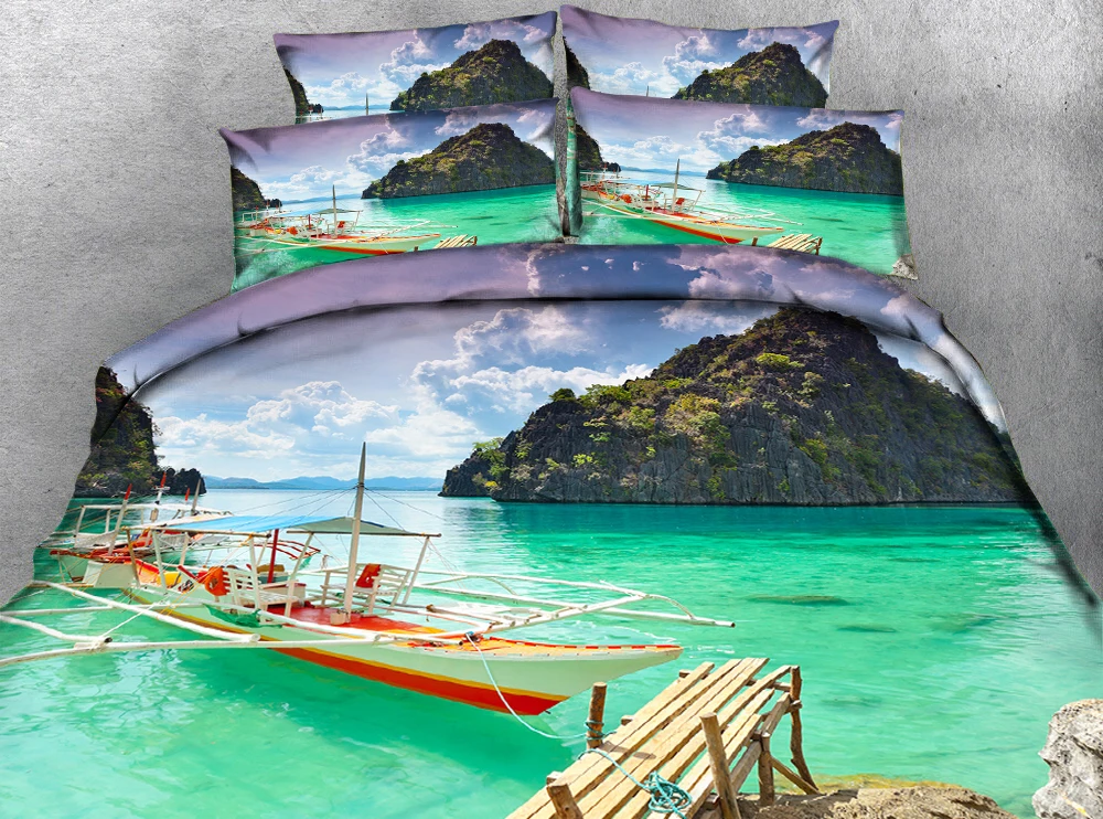 

Boats in the green mountains 3d effect photo bed linen can be customized photo pattern