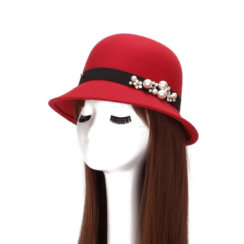 HT1222 элегантная женская шляпа Женская Ретро перламутровая Зимняя шляпа с широкими полями твердая шляпа-котелок из шерстяного войлока шляпа для женщин гибкий колпак шапки женские - Цвет: Красный