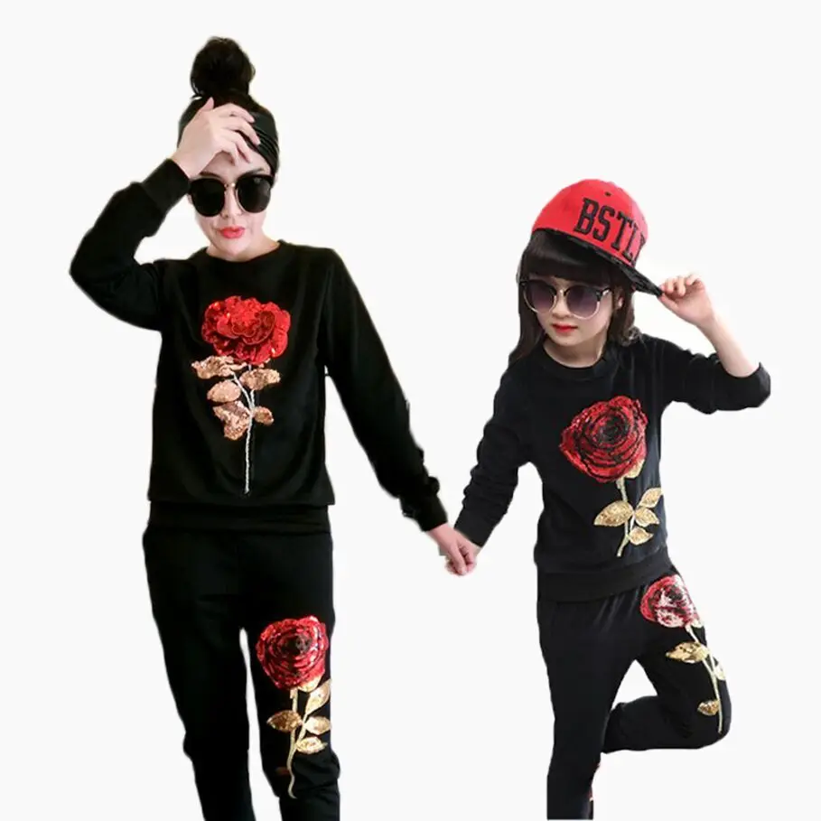 Mom and Daughter Clothes set Stylish Long Sleeve Floral Sequined T shirt Pant 2 Pcs Family