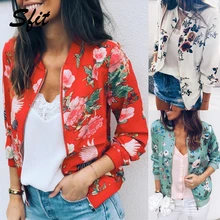 Sfit, модная Осенняя Женская Ретро куртка на молнии с цветочным принтом, тонкая куртка-бомбер, повседневное пальто, верхняя одежда с длинным рукавом, короткая куртка